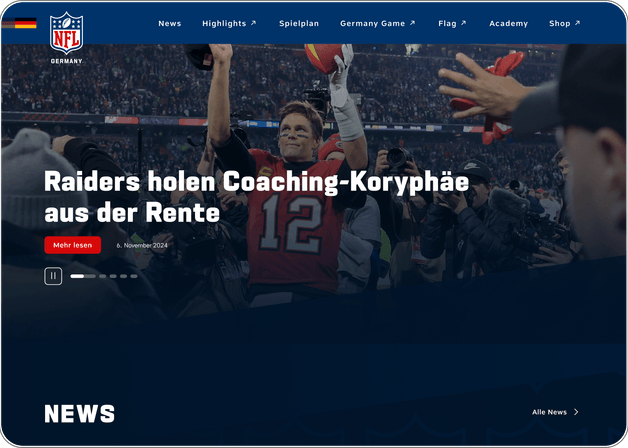 Startseite der NFL-Germany-Plattform mit prominentem News-Artikel und weiteren aktuellen Beiträgen